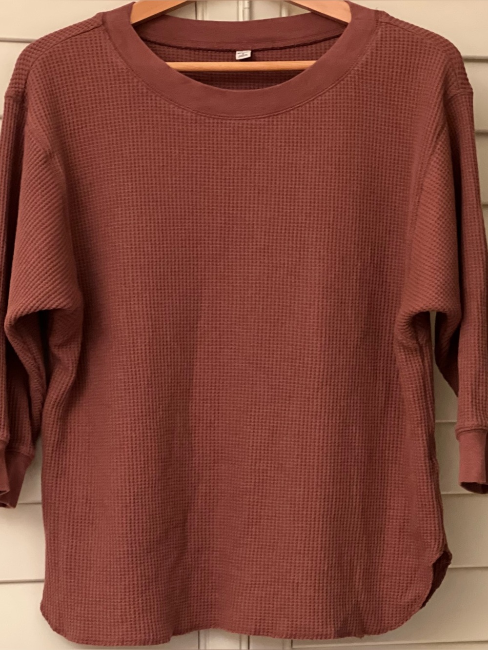 Uniqlo Cozy Dusty Rosewood Waffle Knit Thermal Top - 3/4 Sleeve Relaxed Fit, Med